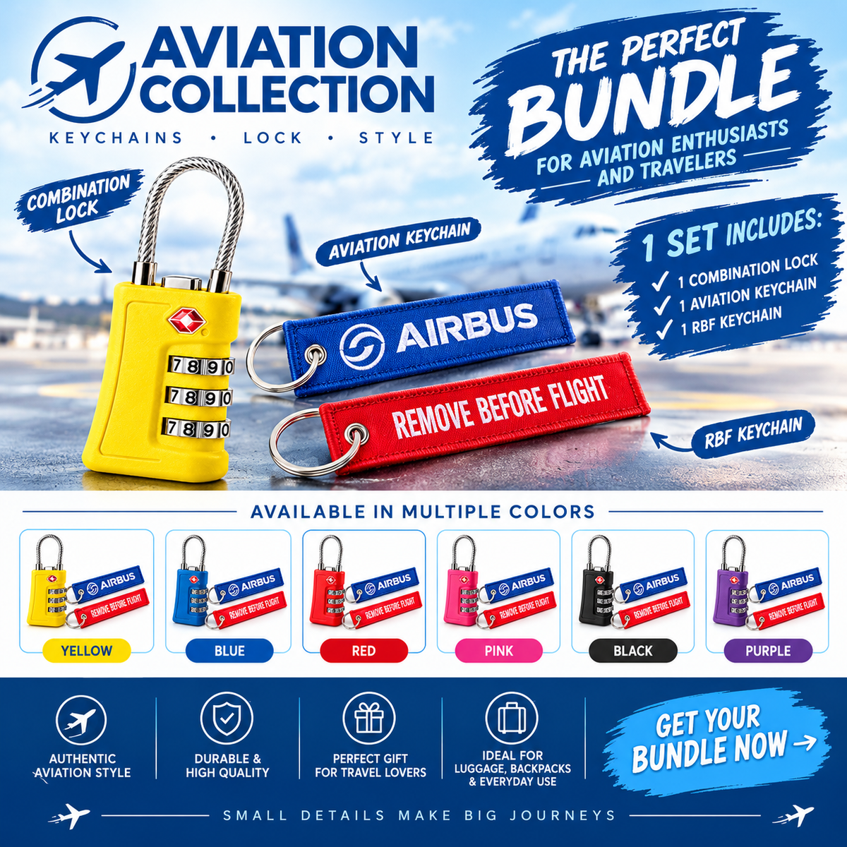 Aviation Accessories Bundle – Combination Lock, Aircraft Keychain & Remove Before Flight Tag