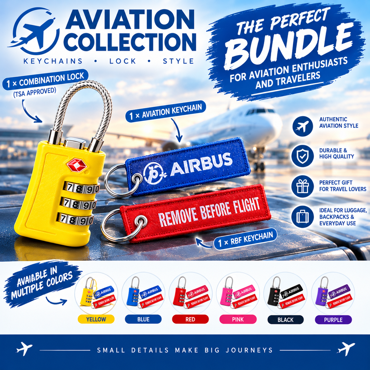 Aviation Accessories Bundle – Combination Lock, Aircraft Keychain & Remove Before Flight Tag