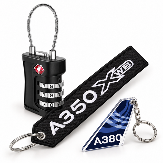 Aviation Travel & Collector Bundle – TSA Luggage Lock, A380 Keychain & Acrylic Aircraft Tail