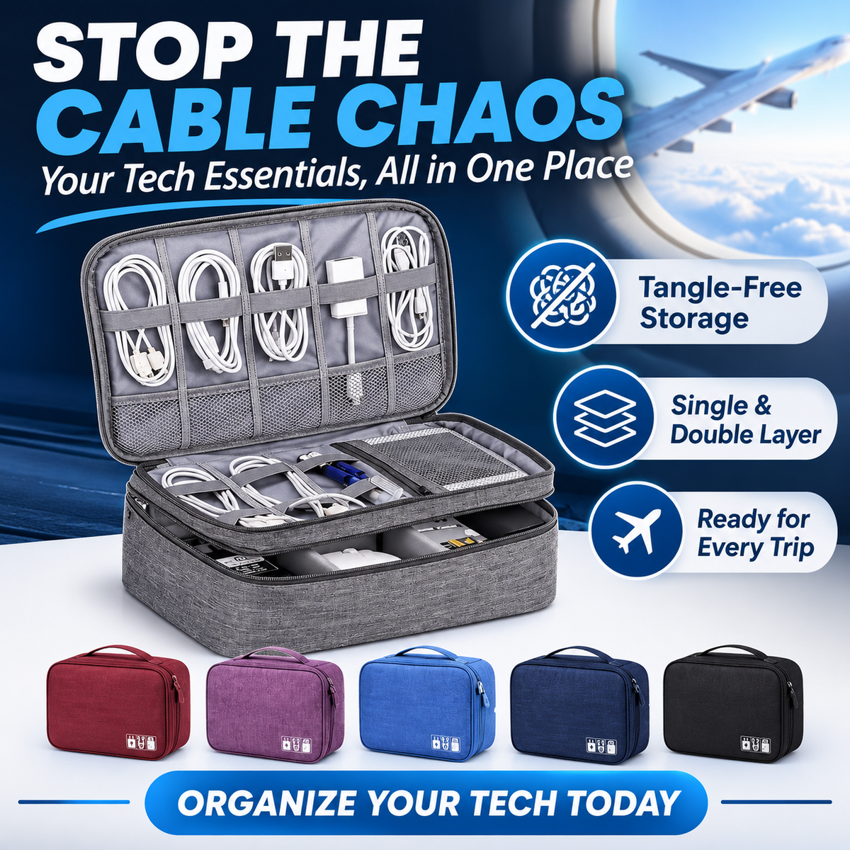 Travel Cable Organizer Bag – Portable Electronics Accessories Storage Case for Chargers, Cables & Gadgets