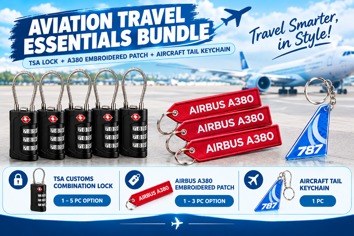 Aviation Travel & Collector Bundle – TSA Luggage Lock, A380 Keychain & Acrylic Aircraft Tail