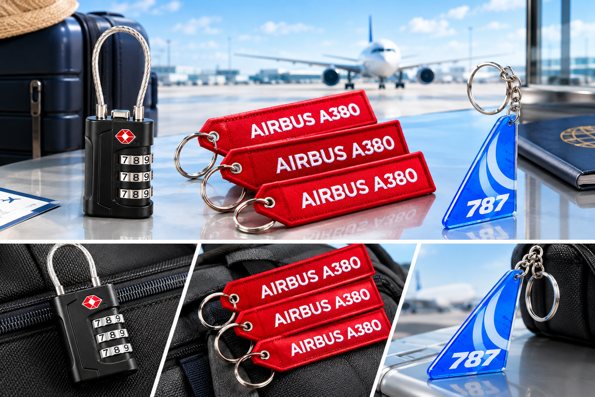 Aviation Travel & Collector Bundle – TSA Luggage Lock, A380 Keychain & Acrylic Aircraft Tail