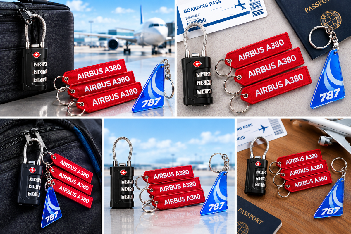 Aviation Travel & Collector Bundle – TSA Luggage Lock, A380 Keychain & Acrylic Aircraft Tail