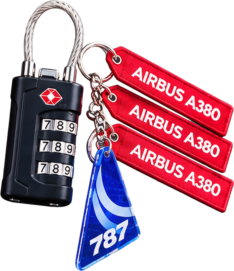 Aviation Travel & Collector Bundle – TSA Luggage Lock, A380 Keychain & Acrylic Aircraft Tail