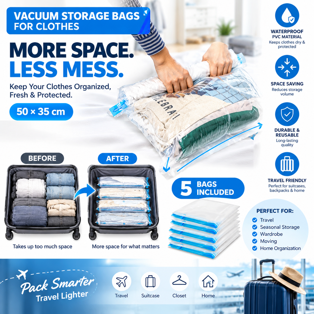 Vacuum Storage Bags for Clothes 50 × 35 cm – Waterproof PVC Space-Saving Travel & Wardrobe Organizer