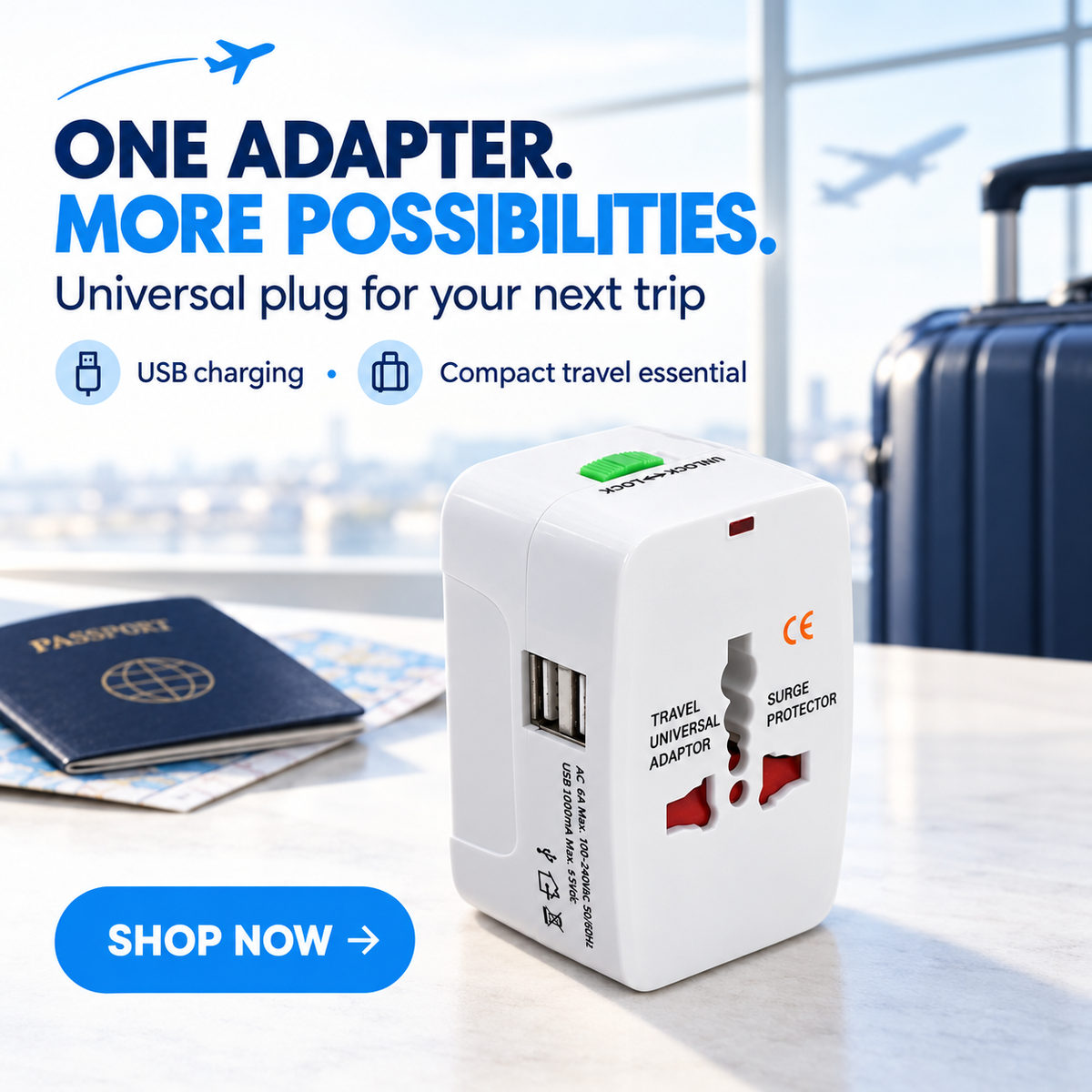 International Travel Plug Adapter With 2 USB Type-C Ports