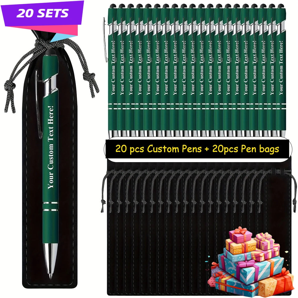 20 Sets Customizable Metal Ballpoint Pens with Pen Bags – Custom Logo Promotional Gift Set