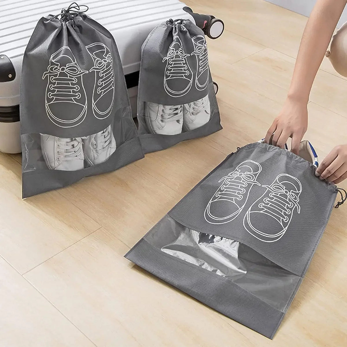 Shoe Storage Bags with Drawstring – Non-Woven Fabric Shoe Organizer for Travel, Luggage & Closet Storage, 5 or 10 Pack