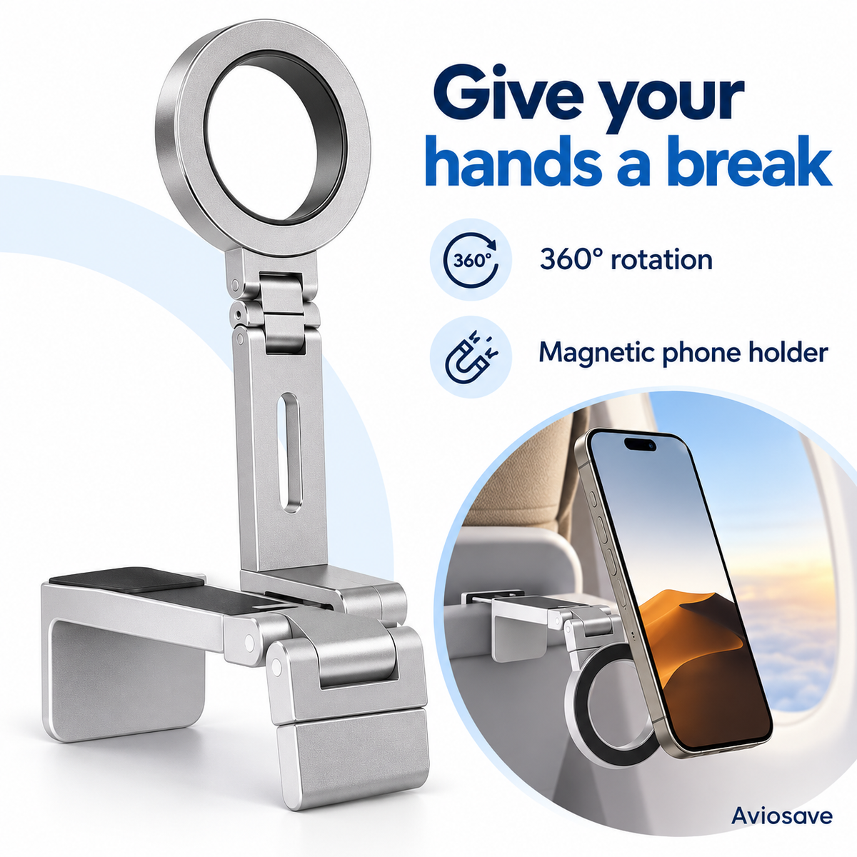 360° Rotation Magnetic Phone Holder for Airplane Tray and Desk