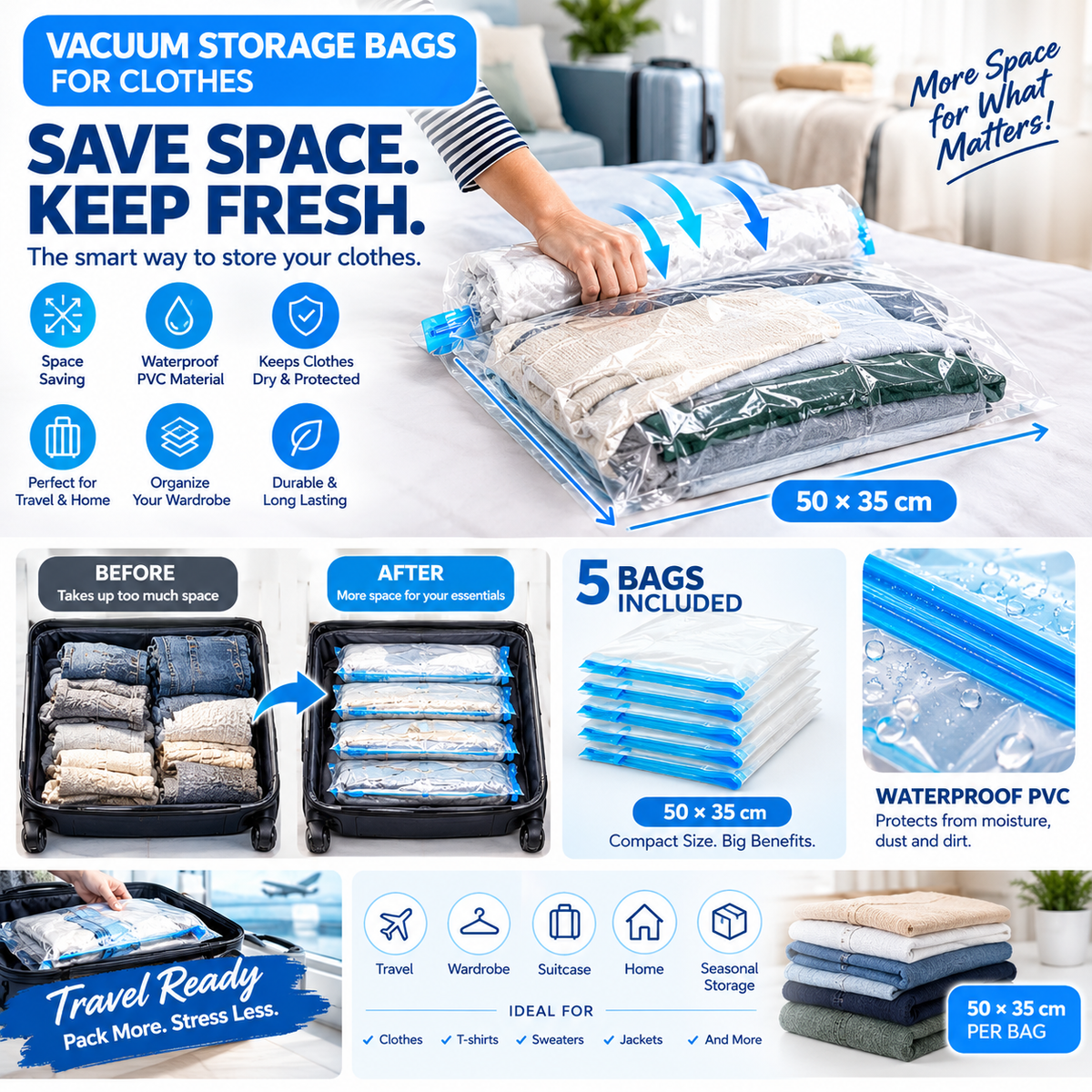Vacuum Storage Bags for Clothes 50 × 35 cm – Waterproof PVC Space-Saving Travel & Wardrobe Organizer