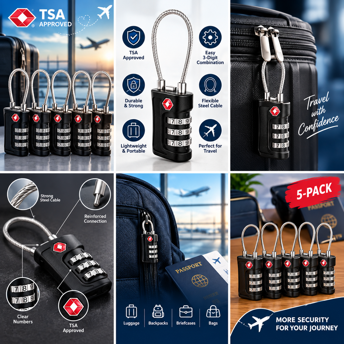 Mini TSA Combination Luggage Lock for Travel Suitcases, Backpacks &amp; Carry-On Bags